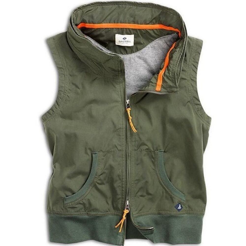 Sperry Top Sider Hide Away Hoodie Vest Thyme with Orange Accents Size Small